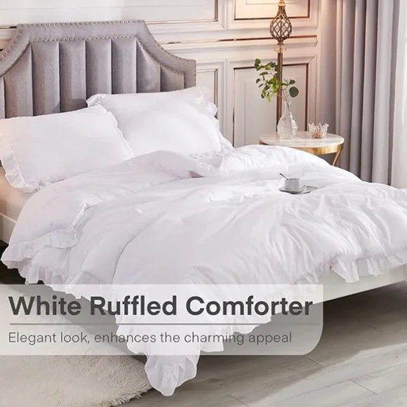 Andency White Comforters Queen Size, 3 Pieces Solid Shabby Chic Farmhouse Beddin - Picture 3 of 3